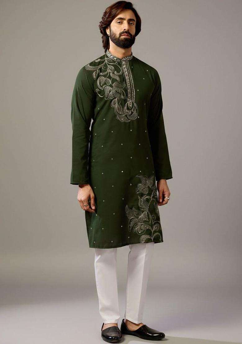 Olive Embroidered Silk Blend Kurta Set For Men - Indya