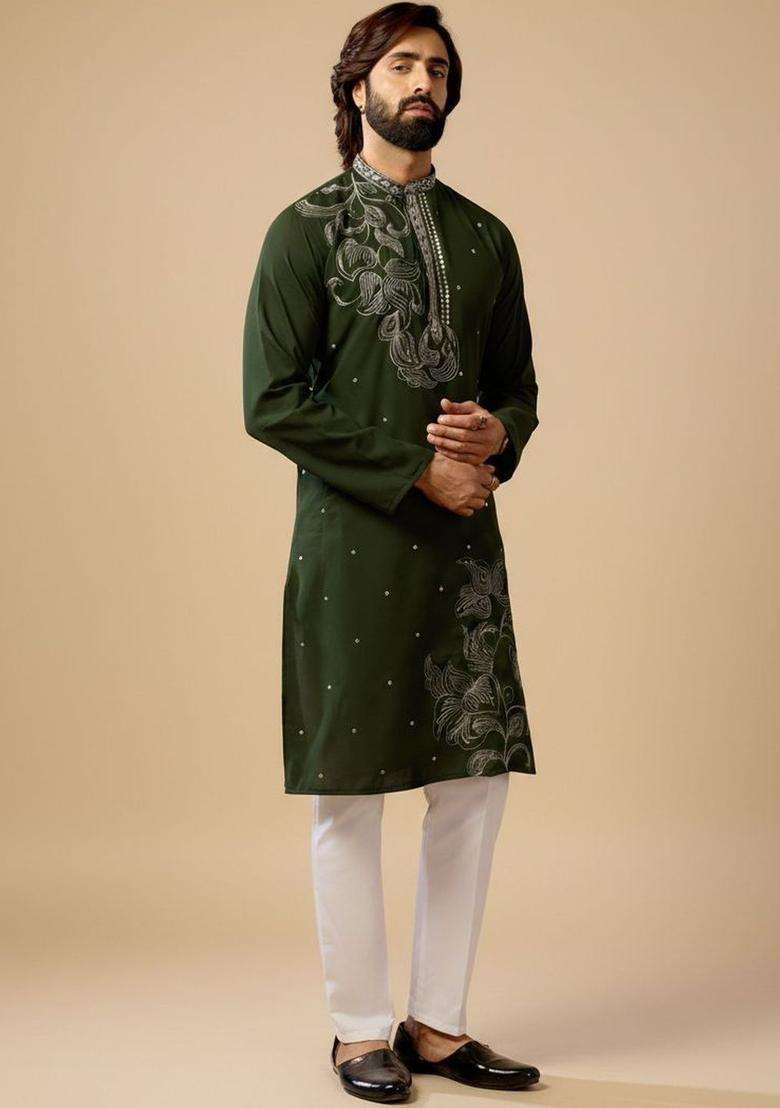 Olive Embroidered Silk Blend Kurta Set For Men - Indya