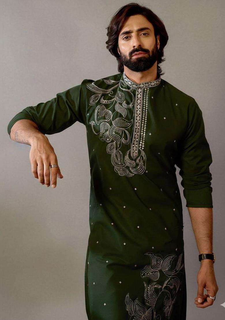 Olive Embroidered Silk Blend Kurta Set For Men - Indya