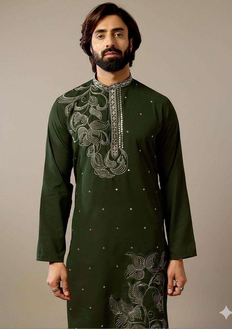 Olive Embroidered Silk Blend Kurta Set For Men - Indya