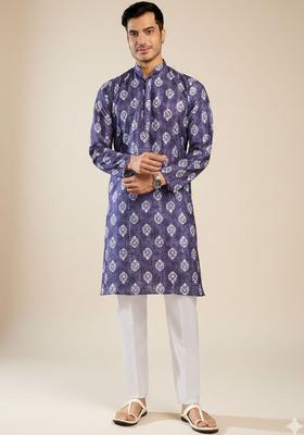 Purple Printed Polyester Kurta Set For Men