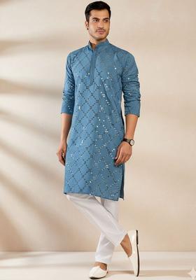 Blue Embroidered Polyester Kurta Set For Men