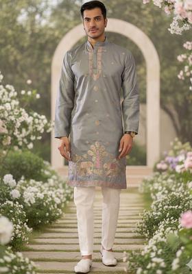 Grey Embroidered Silk Kurta Set For Men