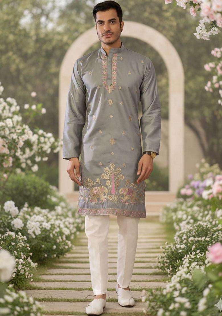 Grey Embroidered Silk Blend Kurta Set For Men - Indya