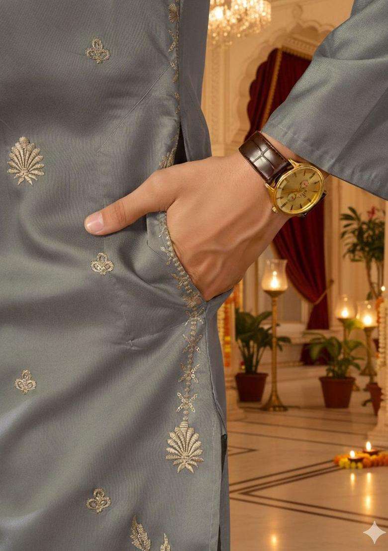 Grey Embroidered Silk Blend Kurta Set For Men - Indya