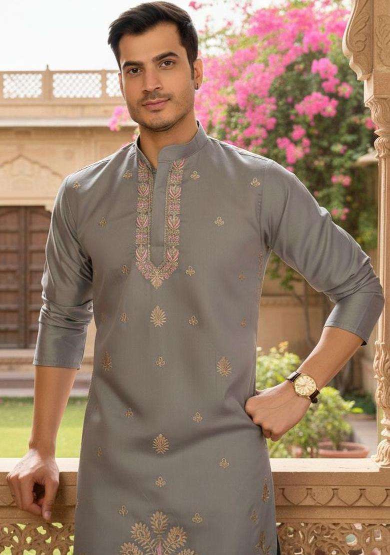 Grey Embroidered Silk Blend Kurta Set For Men - Indya