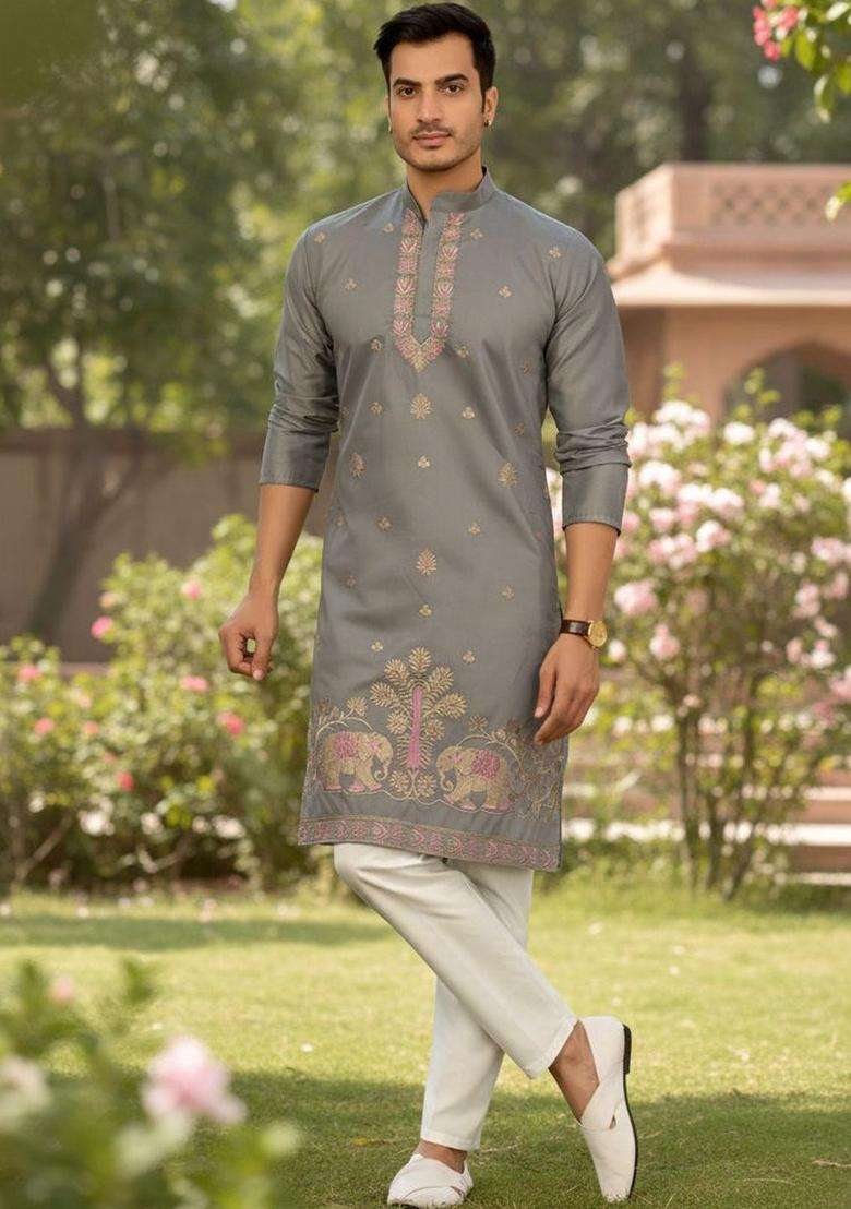 Grey Embroidered Silk Blend Kurta Set For Men - Indya