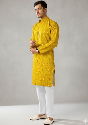 Yellow Embroidered Polyester Kurta Set For Men