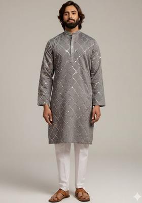 Grey Embroidered Cotton Kurta Set For Men