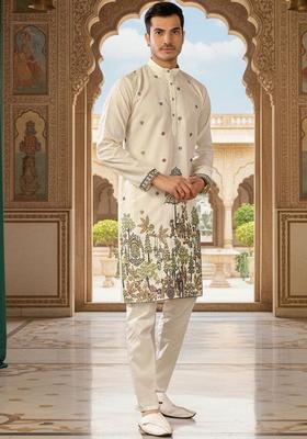 Off White Embroidered Silk Kurta Set For Men
