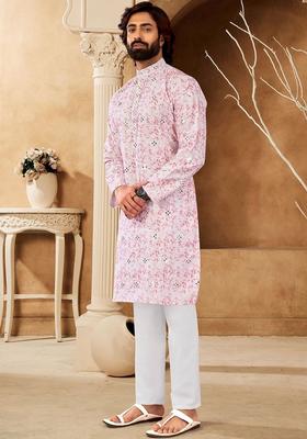 Pink Printed Viscose Kurta Set For Men