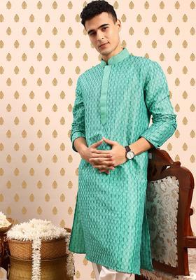Green Woven Design Polyester Kurta Set For Men