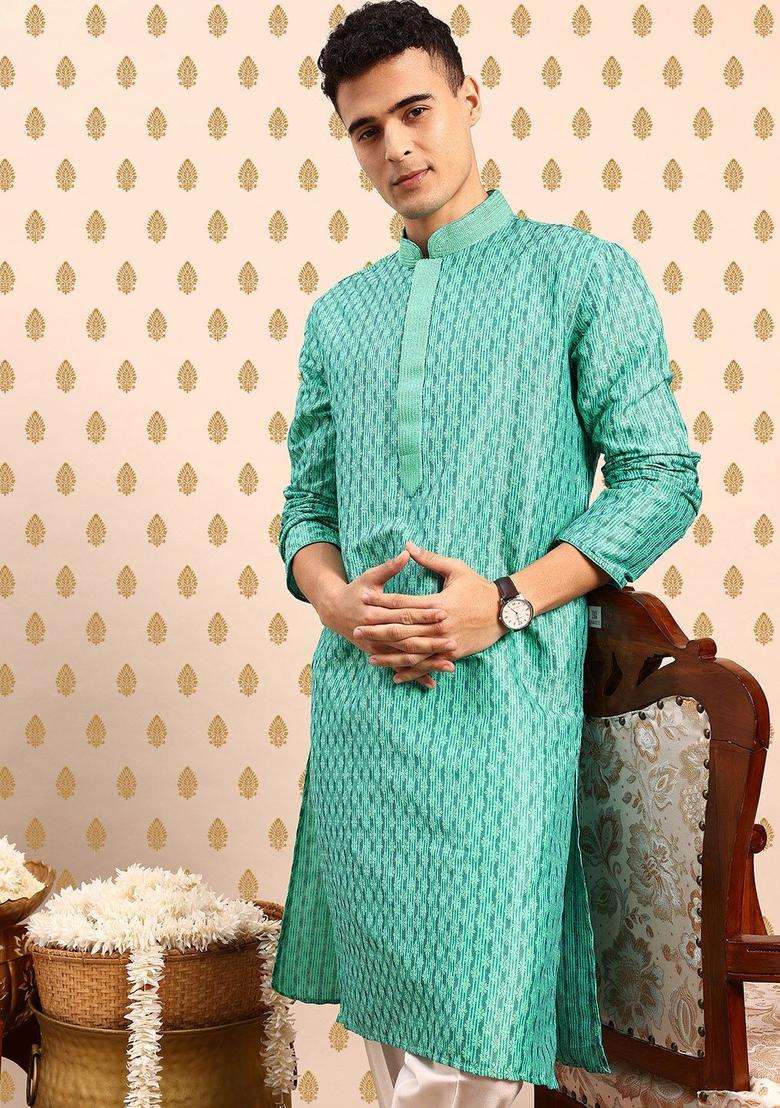 Green Woven Design Polyester Kurta Set For Men - Indya