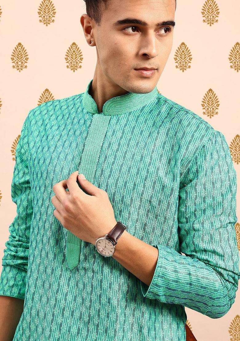 Green Woven Design Polyester Kurta Set For Men - Indya