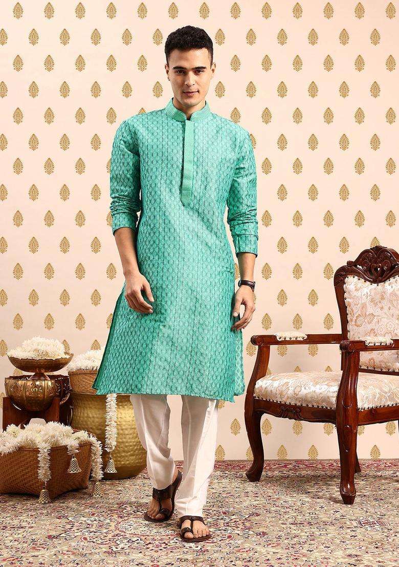 Green Woven Design Polyester Kurta Set For Men - Indya