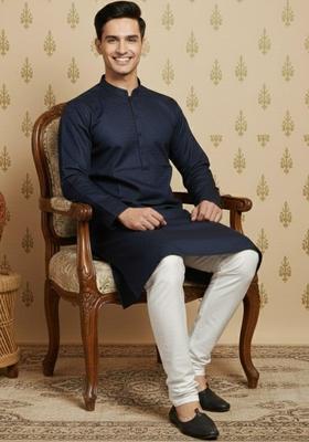 Navy Blue Self Design Cotton Kurta Set For Men