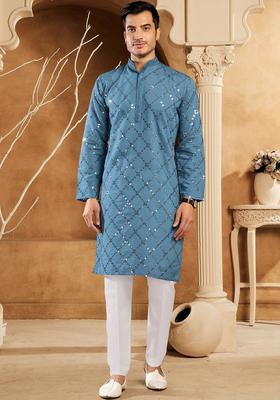 Blue Embroidered Polyester Kurta Set For Men