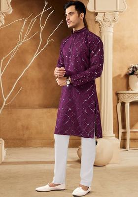Purple Embroidered Cotton Kurta Set For Men
