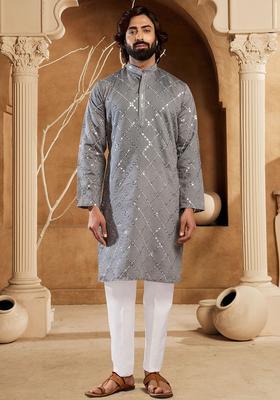Grey Embroidered Cotton Kurta Set For Men