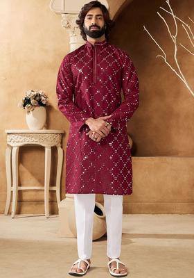 Maroon Embroidered Cotton Kurta Set For Men