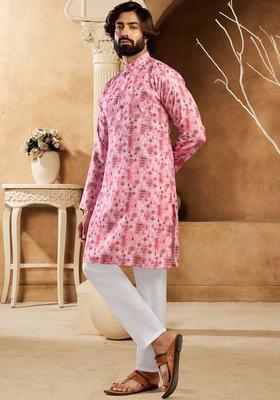 Pink Printed Cotton Kurta Set For Men