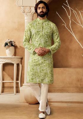 Lime Green Printed Cotton Kurta Set For Men