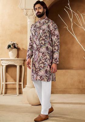 Brown Printed Cotton Kurta Set For Men
