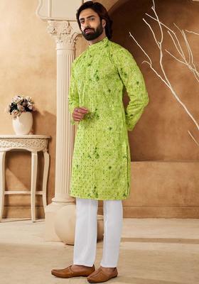 Lime Green Dyed Cotton Kurta Set For Men