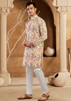 Pink Printed Cotton Kurta Set For Men