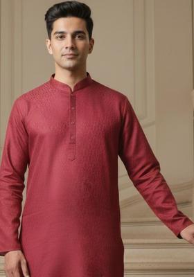 Maroon Self Design Cotton Kurta Set For Men