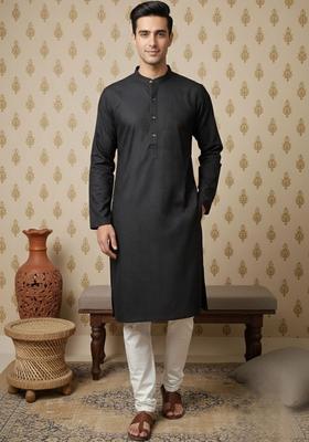 Black Self Design Cotton Kurta Set For Men