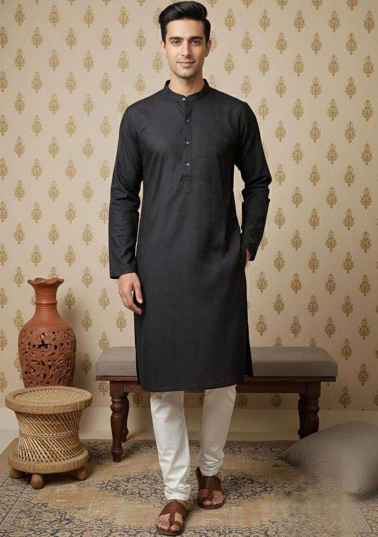 Black Self Design Cotton Kurta Set For Men - Indya