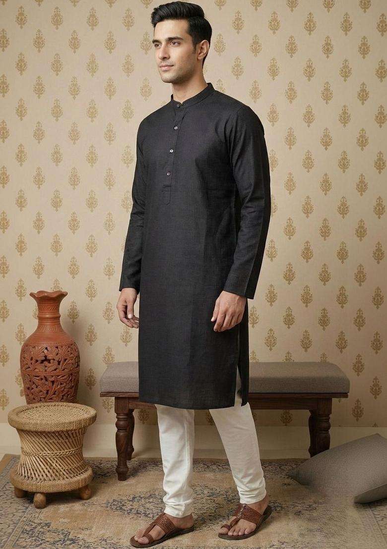Black Self Design Cotton Kurta Set For Men - Indya