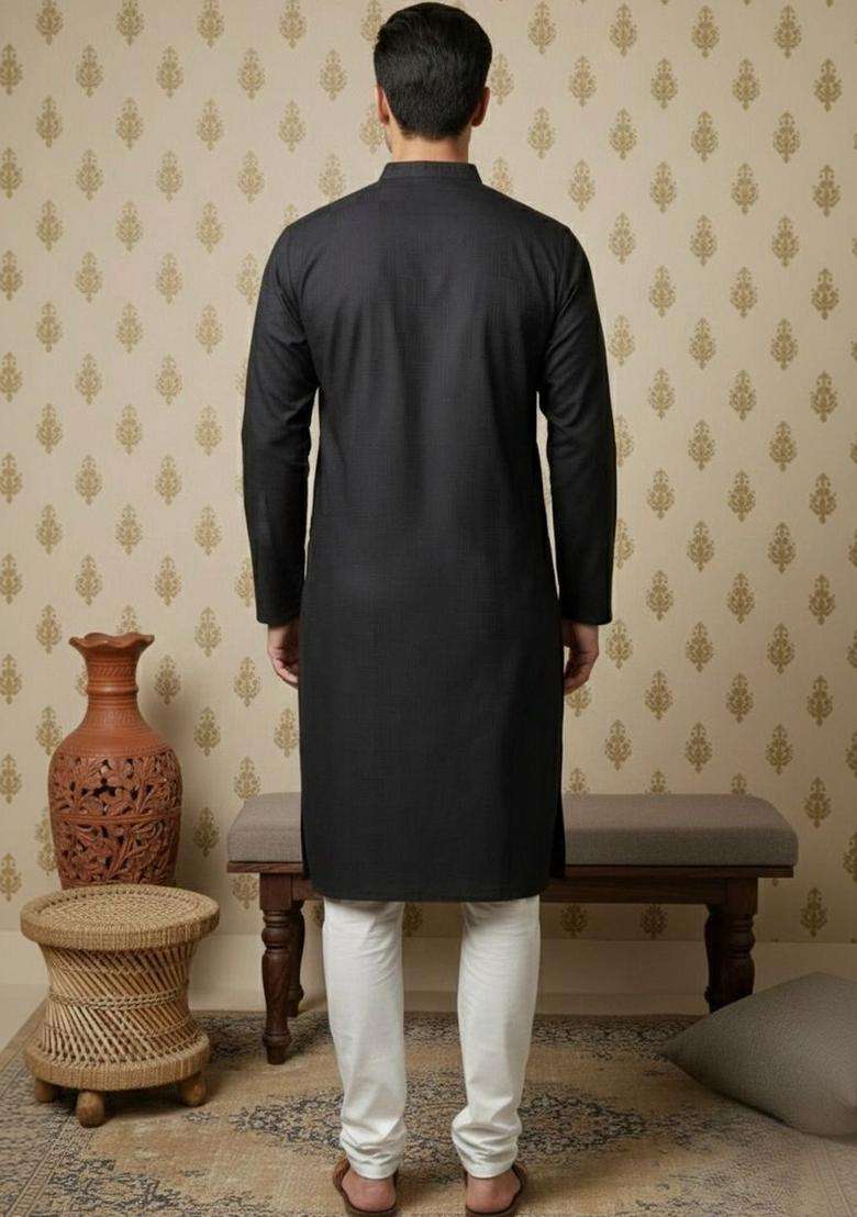 Black Self Design Cotton Kurta Set For Men - Indya