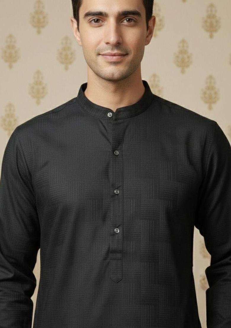 Black Self Design Cotton Kurta Set For Men - Indya