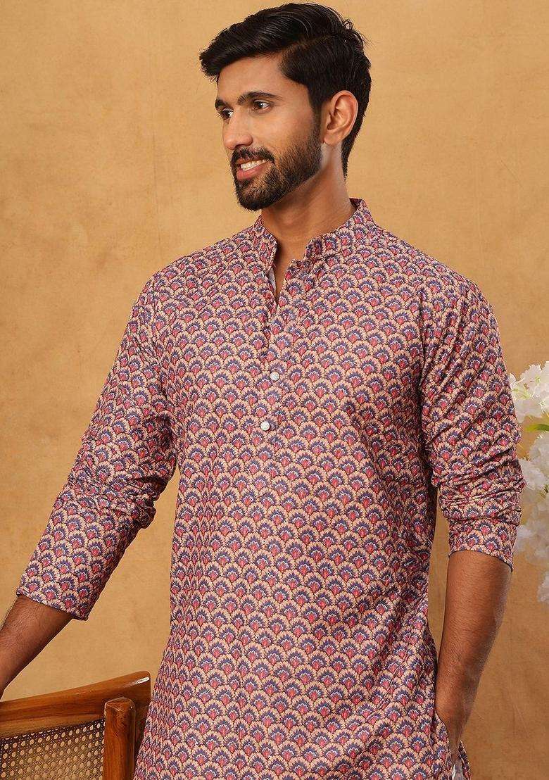 Multi Printed Cotton Kurta Set For Men - Indya