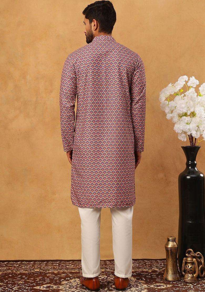 Multi Printed Cotton Kurta Set For Men - Indya