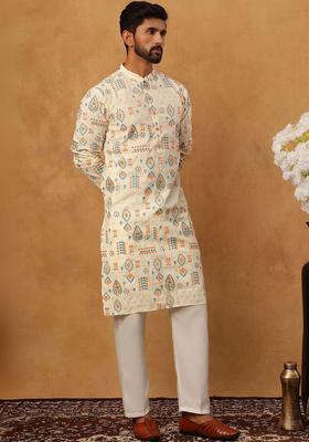 Off White Printed Silk Kurta Set For Men