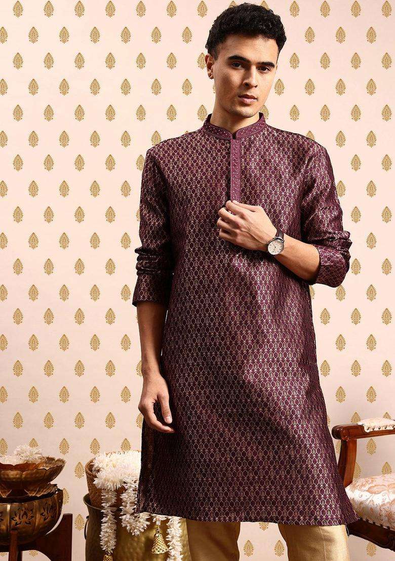 Purple Woven Design Polyester Kurta Set For Men - Indya
