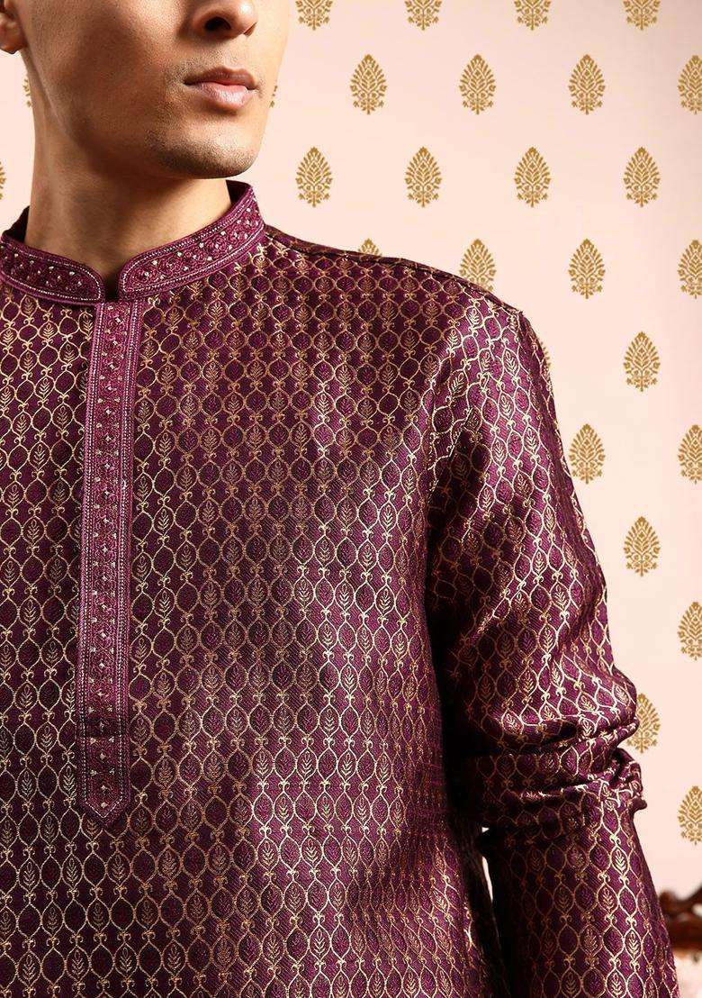 Purple Woven Design Polyester Kurta Set For Men - Indya
