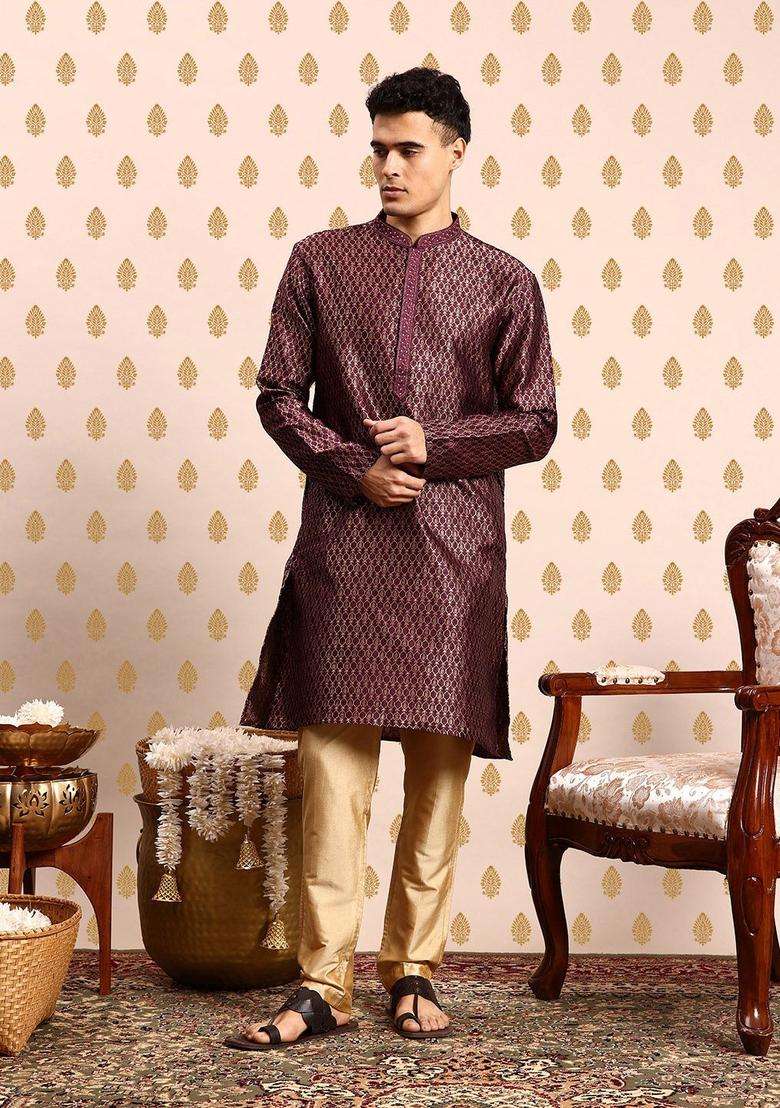 Purple Woven Design Polyester Kurta Set For Men - Indya