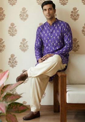 Purple Printed Cotton Kurta Set For Men