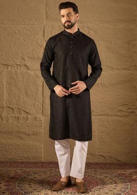 Black Self Design Silk Kurta Set For Men