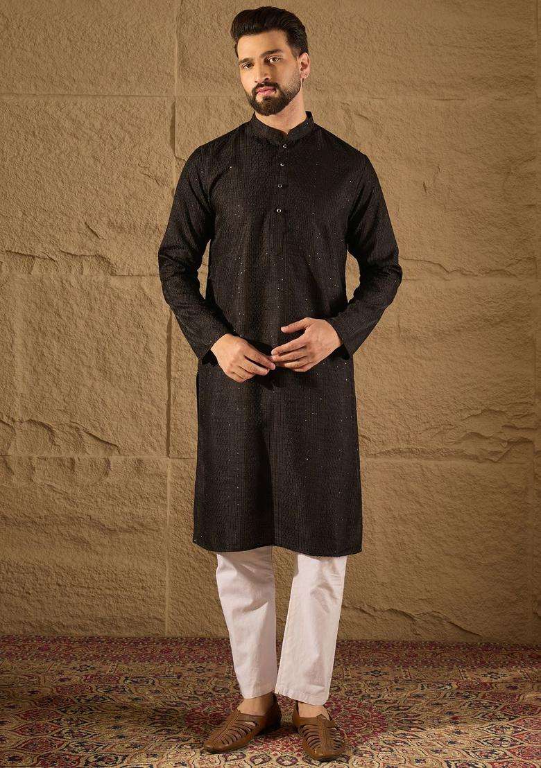 Black Self Design Silk Kurta Set For Men - Indya