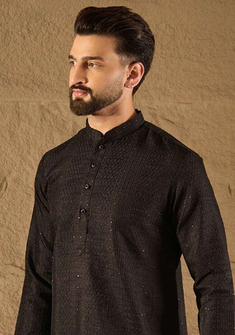 Black Self Design Silk Kurta Set For Men - Indya