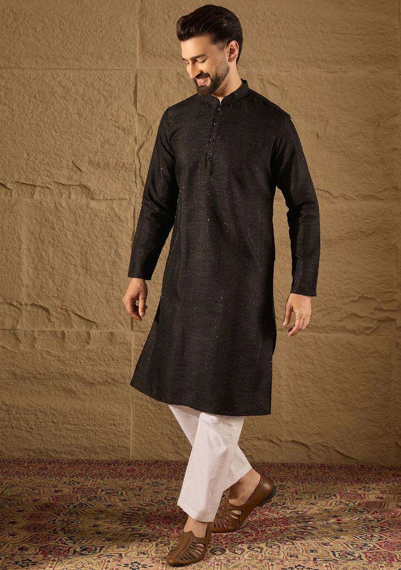 Black Self Design Silk Kurta Set For Men - Indya