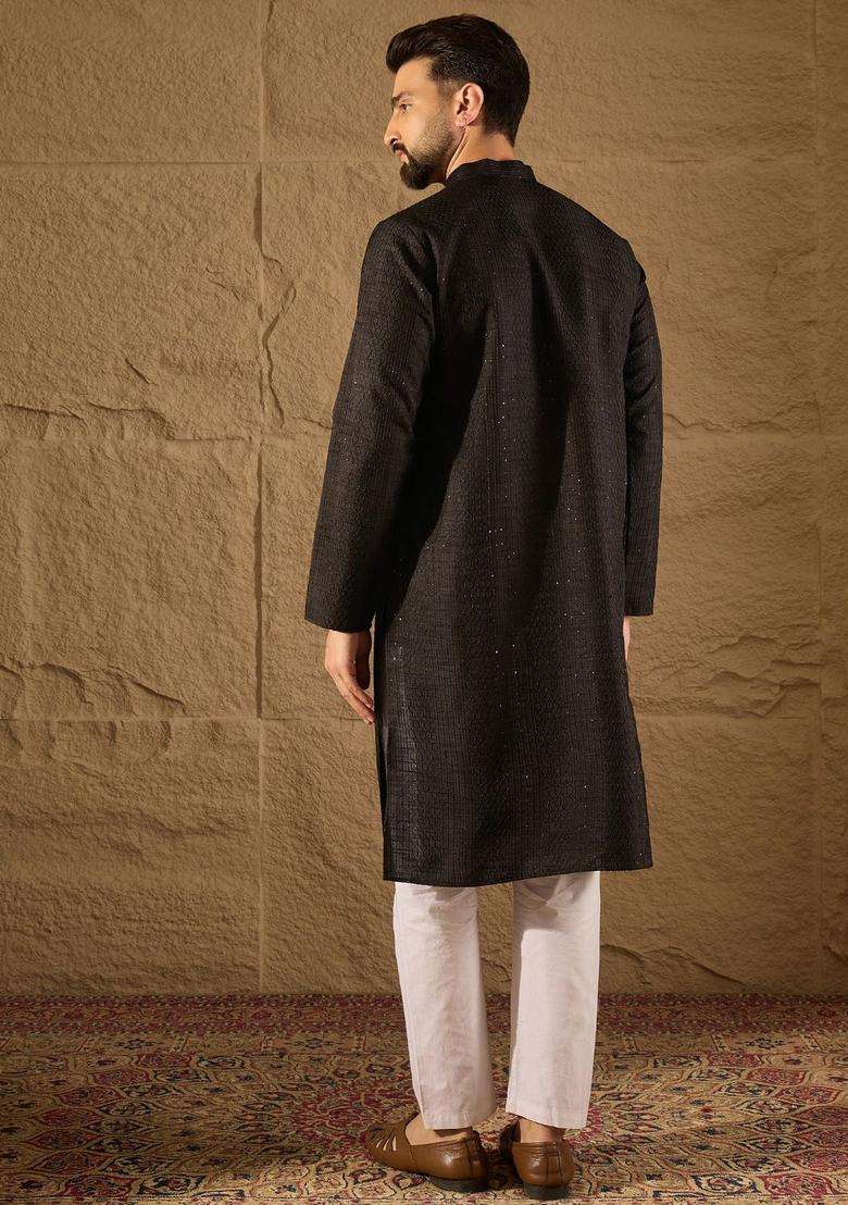 Black Self Design Silk Kurta Set For Men - Indya