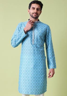 Blue Printed Silk Kurta Set For Men