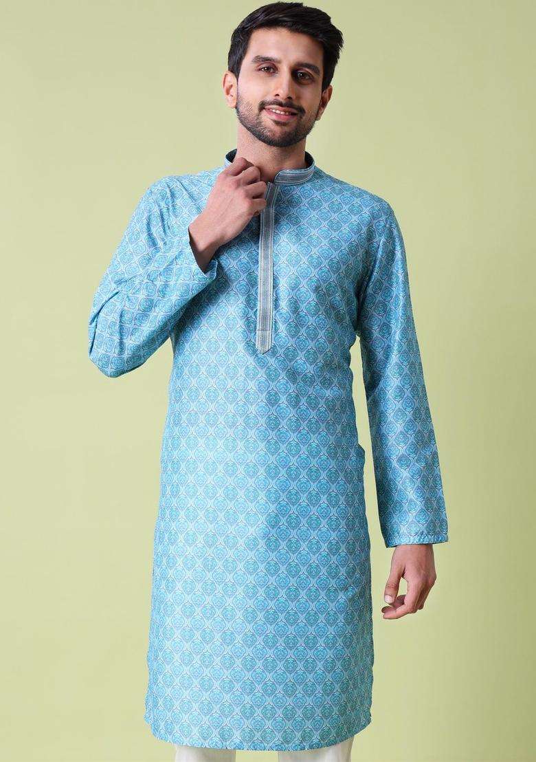 Blue Printed Silk Blend Kurta Set For Men - Indya