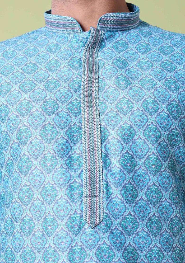 Blue Printed Silk Blend Kurta Set For Men - Indya